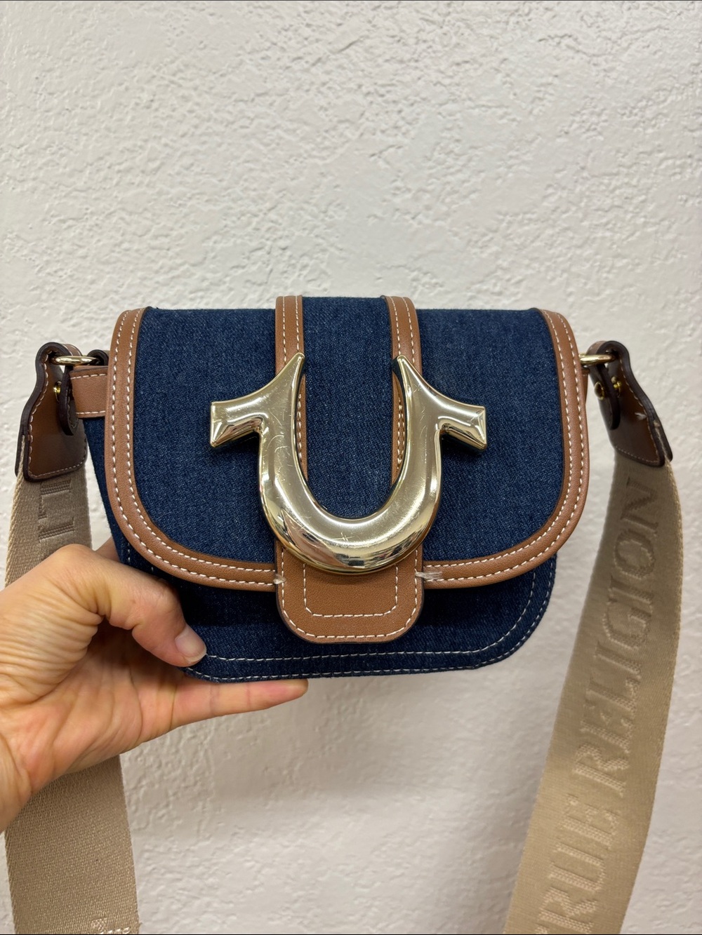 True Religion Denim Crossbody bag with Brown Trim